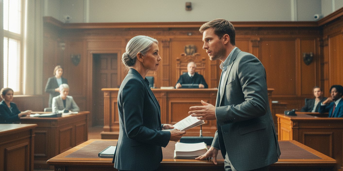 man in court talking to his lawyer